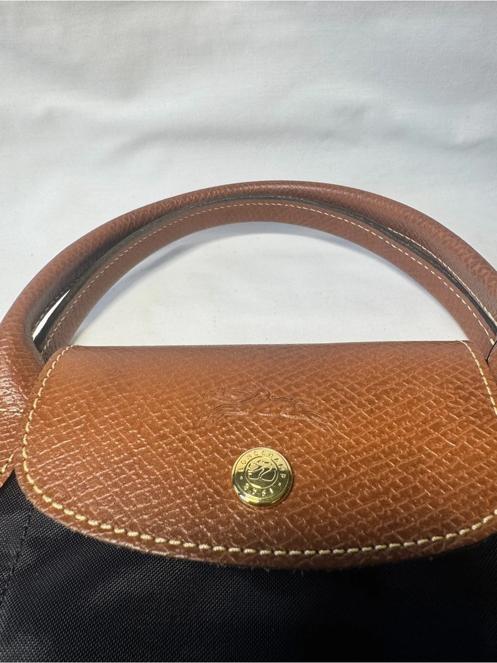 Longchamp Black Nylon Tote with Brown Leather Handles